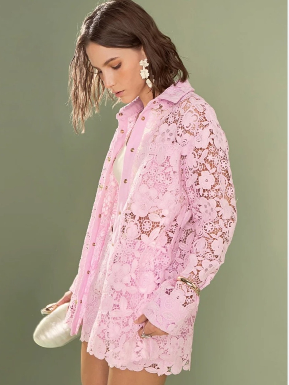 English Factory Pink Lace Crochet Button-Front Top - Picture 4 of 10